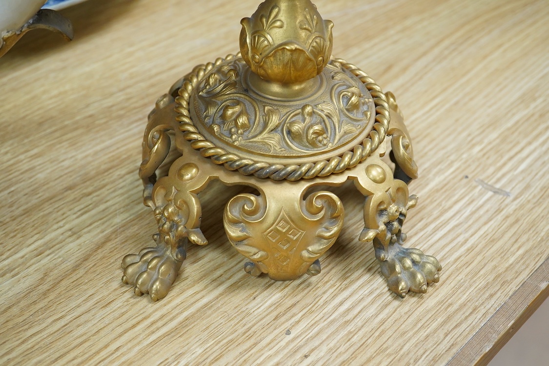 A late 19th century Viennese ormolu mounted ceramic drinking horn vase, 47cm high